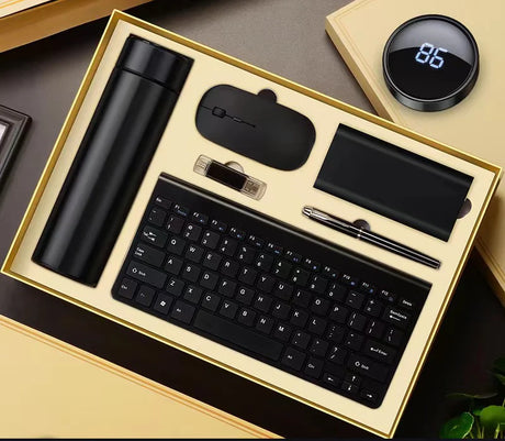 6-in-1 office notebook gift set, featuring a vacuum cup, USB pen, power bank, keyboard, and mouse