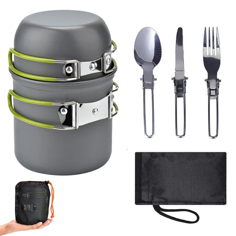 Outdoor Camping Tableware Kit Outdoor Cookware Set Foldable Spoon Fork Knife Kettle Cup Camping Equipment Supplies 1-2 People