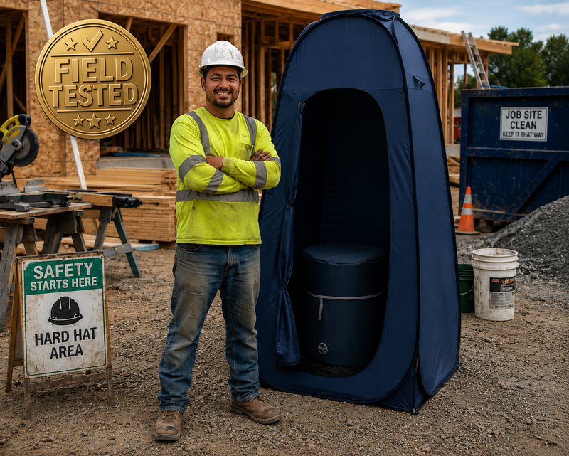 Man in safety gear standing next to a blue pop-up tent on a construction site with a lovetrine portable toilet 